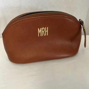 Madewell Brown Leather Zip Cosmetic Pouch with Gold Monogram